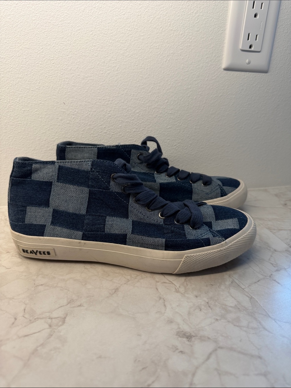 SeaVees Checkerboard Denim High-Top Sneakers in Blue